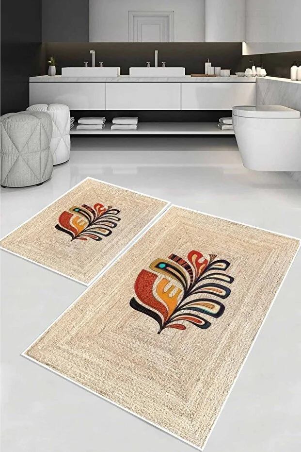 Decomia Home Digital Non-Slip Washable Jute View Modern 2-Piece Bathroom Carpet Mat Toilet Seat Set